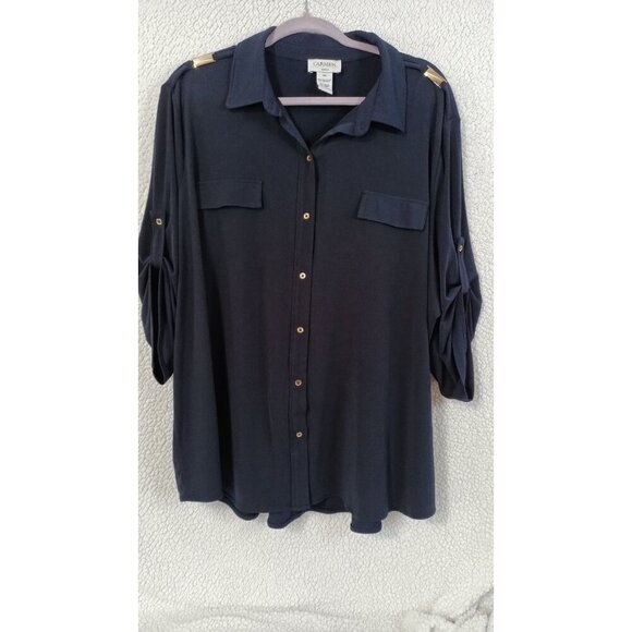 CARMEN Marc Valvo Womens Blouse Plus Size 3X Navy Blue Button Up Bling Stretch - Picture 6 of 16